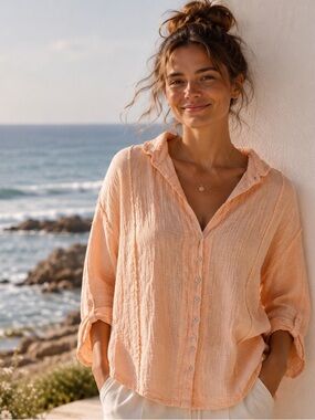 We The Free XS peach cotton gauze long sleeve button down shirt great pre owned